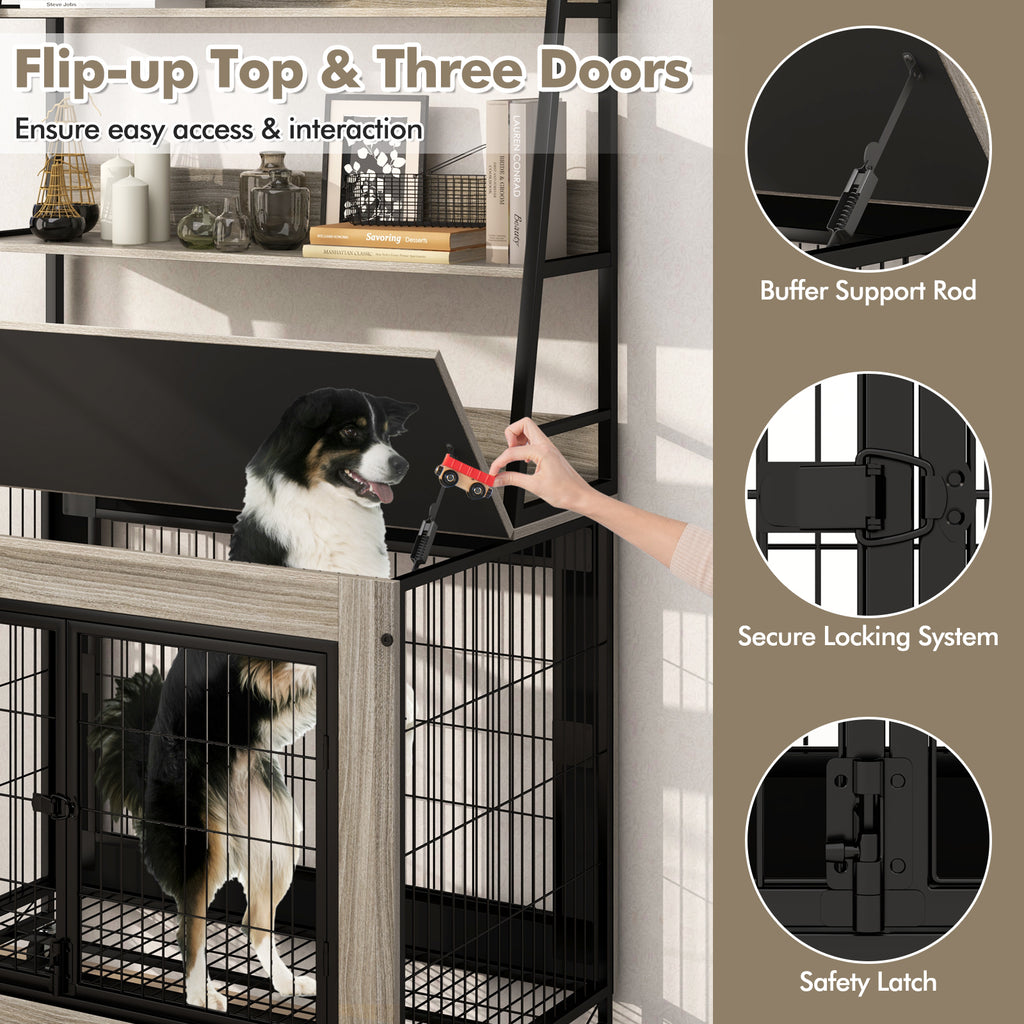 Gray Industrial Dog Kennel with Storage Shelf and Adjustable Side Door