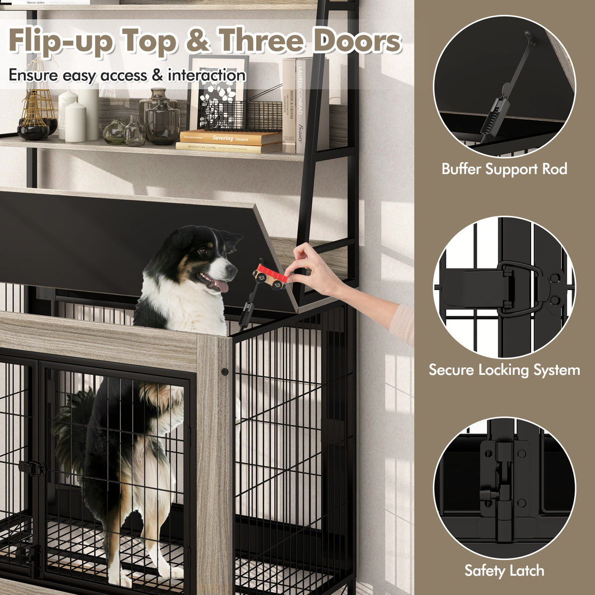 Gray Industrial Dog Kennel with Storage Shelf and Adjustable Side Door