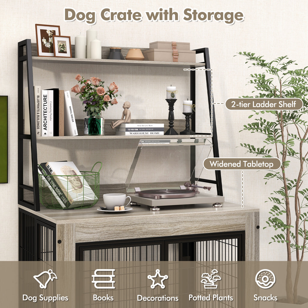 Gray Industrial Dog Kennel with Storage Shelf and Adjustable Side Door