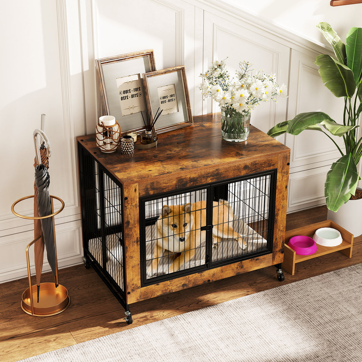 Double Front & Side Door Dog Kennel with Flip-Up Top Removable Tray - Gray