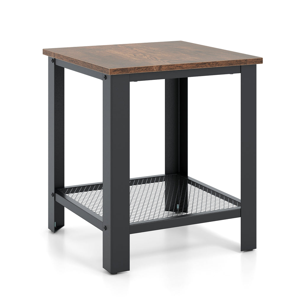 2-Tier Industrial End Table with Storage Shelf, Black