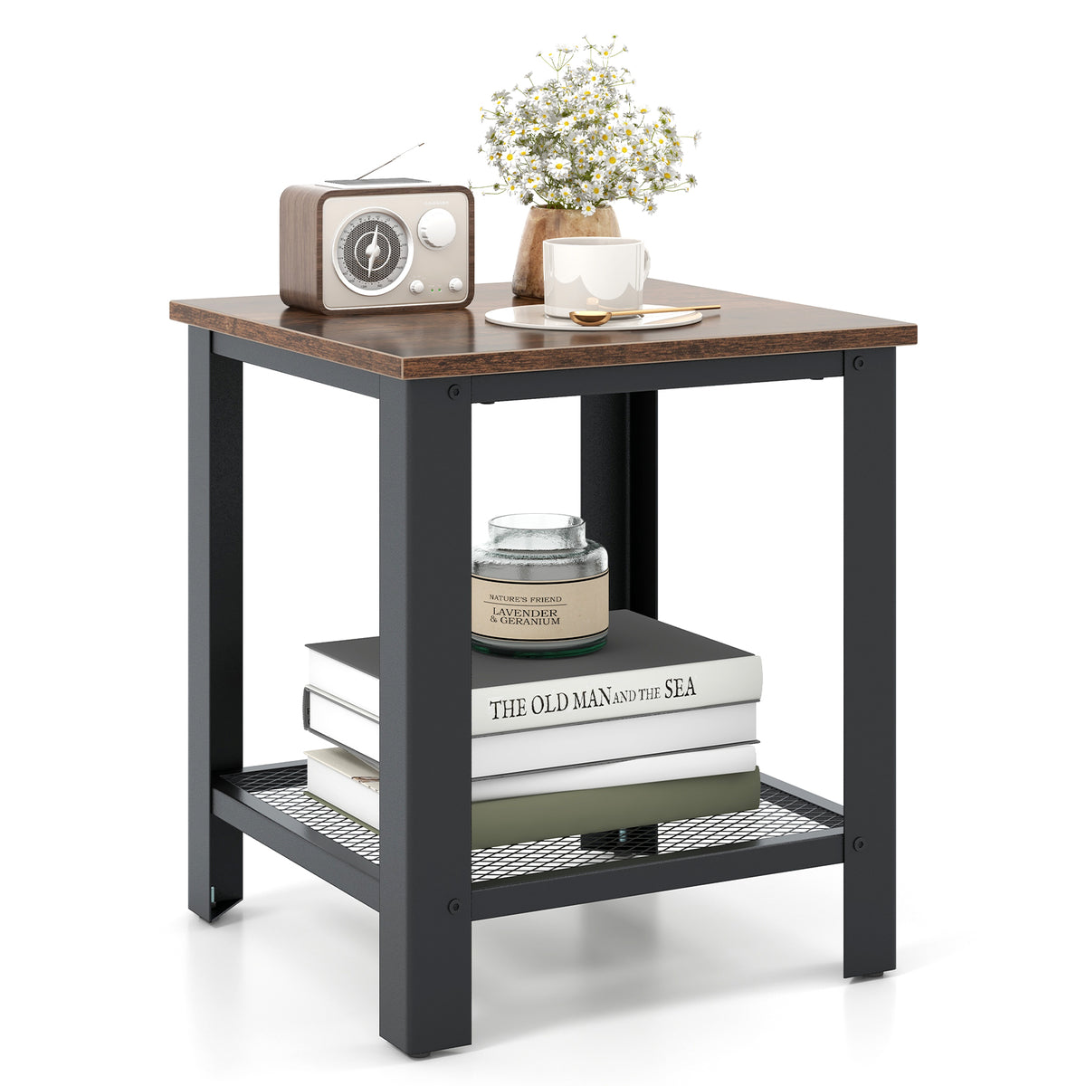 Industrial End Table with Storage Shelf, Black