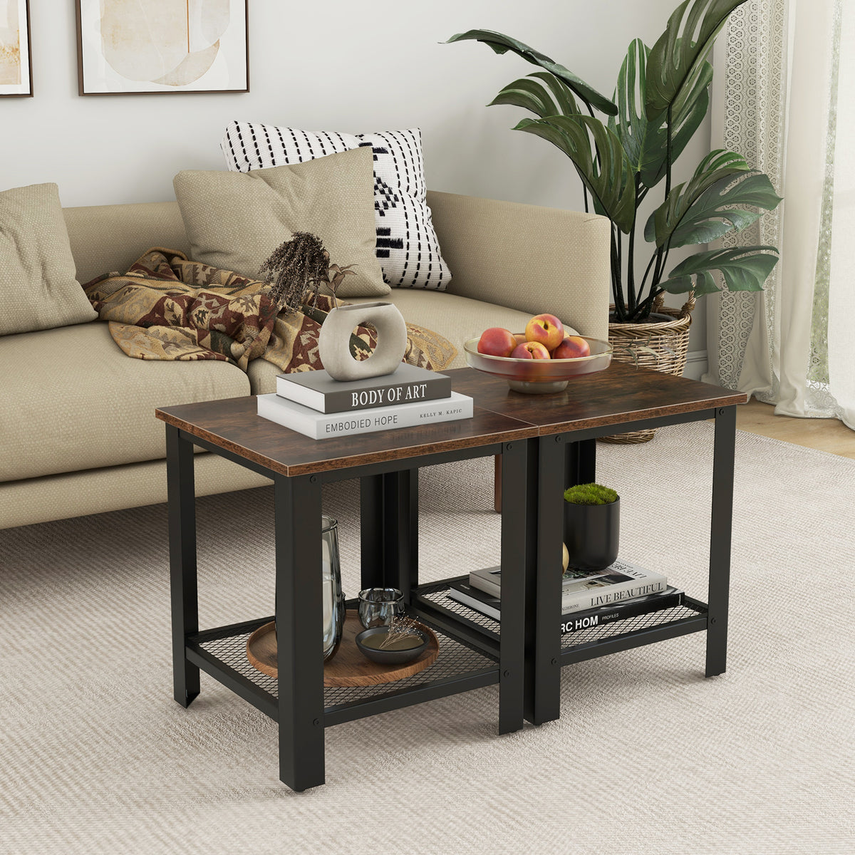 Industrial End Table with Storage Shelf, Black