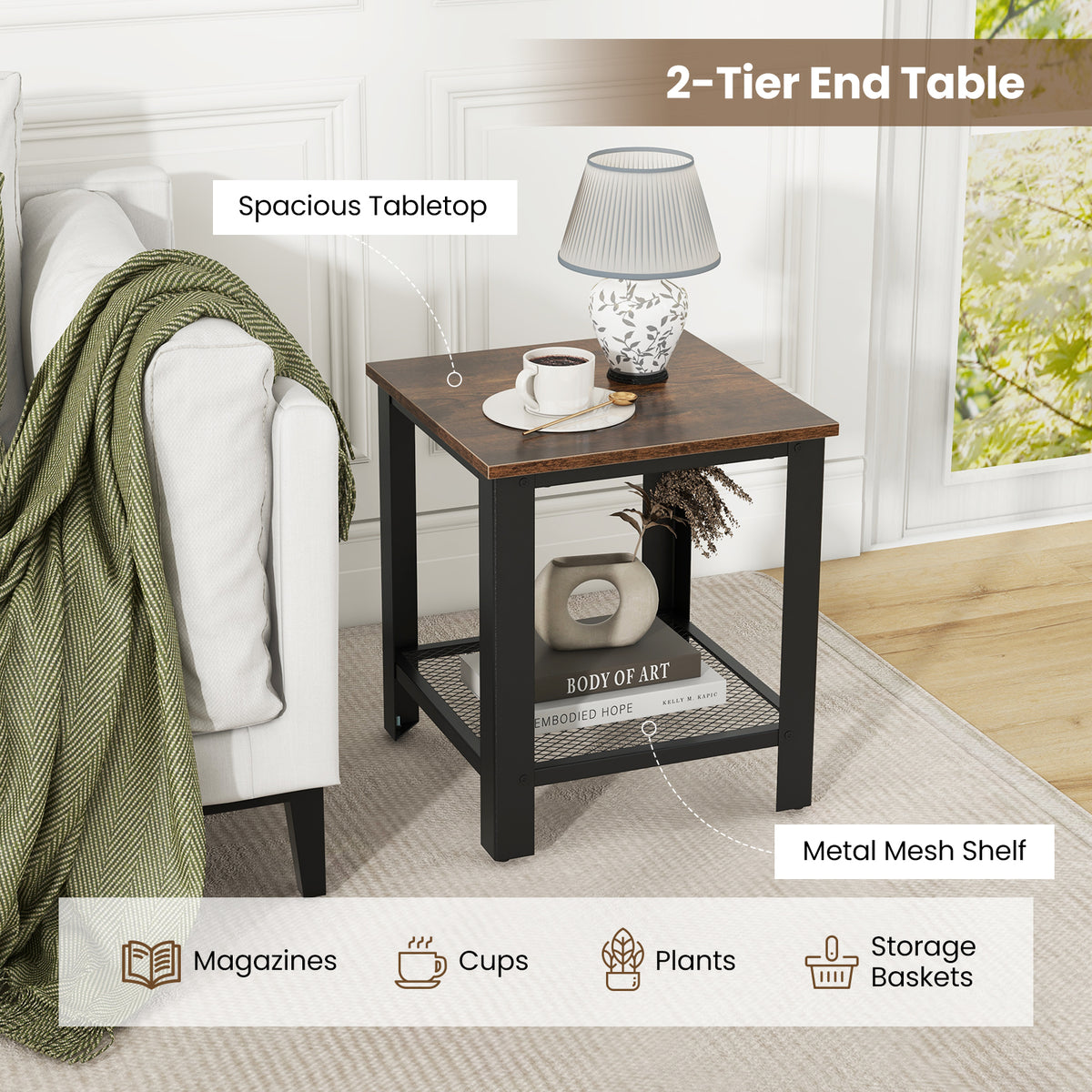 Industrial End Table with Storage Shelf, Black