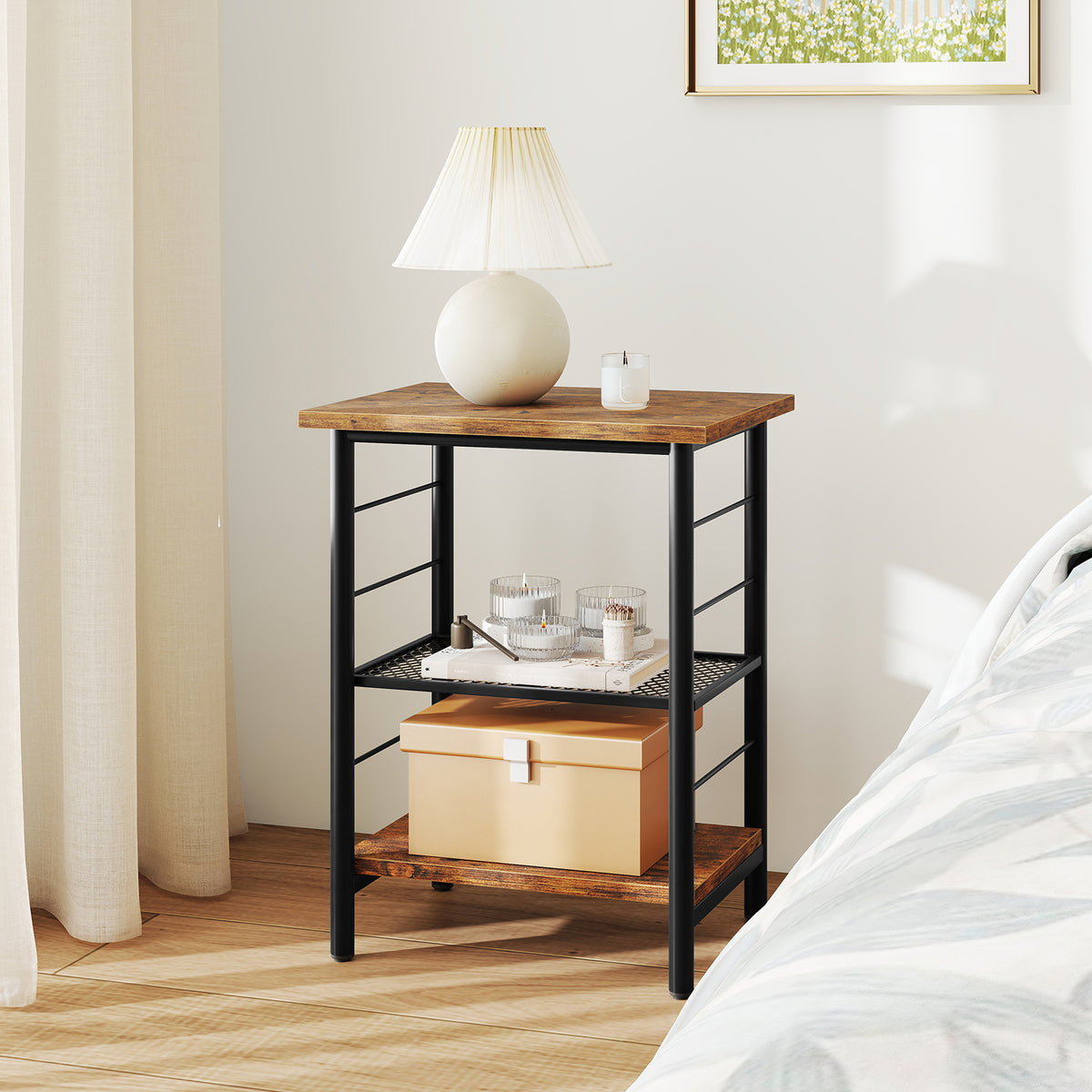 3-Tier End Table Nightstand Industrial Bedside - Rustic Brown