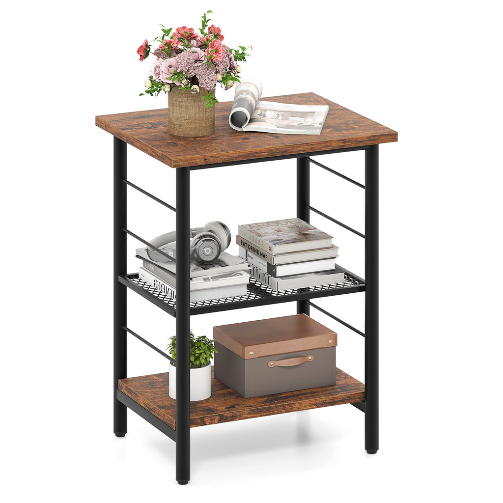 3-Tier End Table Nightstand Industrial Bedside - Rustic Brown