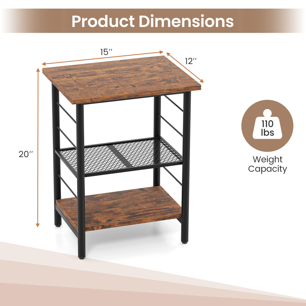 3-Tier End Table Nightstand Industrial Bedside - Rustic Brown
