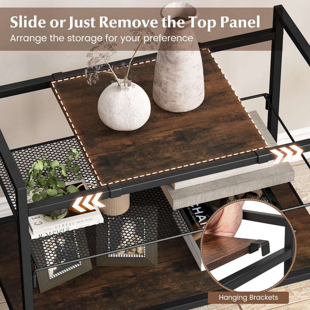 3-Tier Industrial Entryway Table with Removable Panel, Rustic Brown