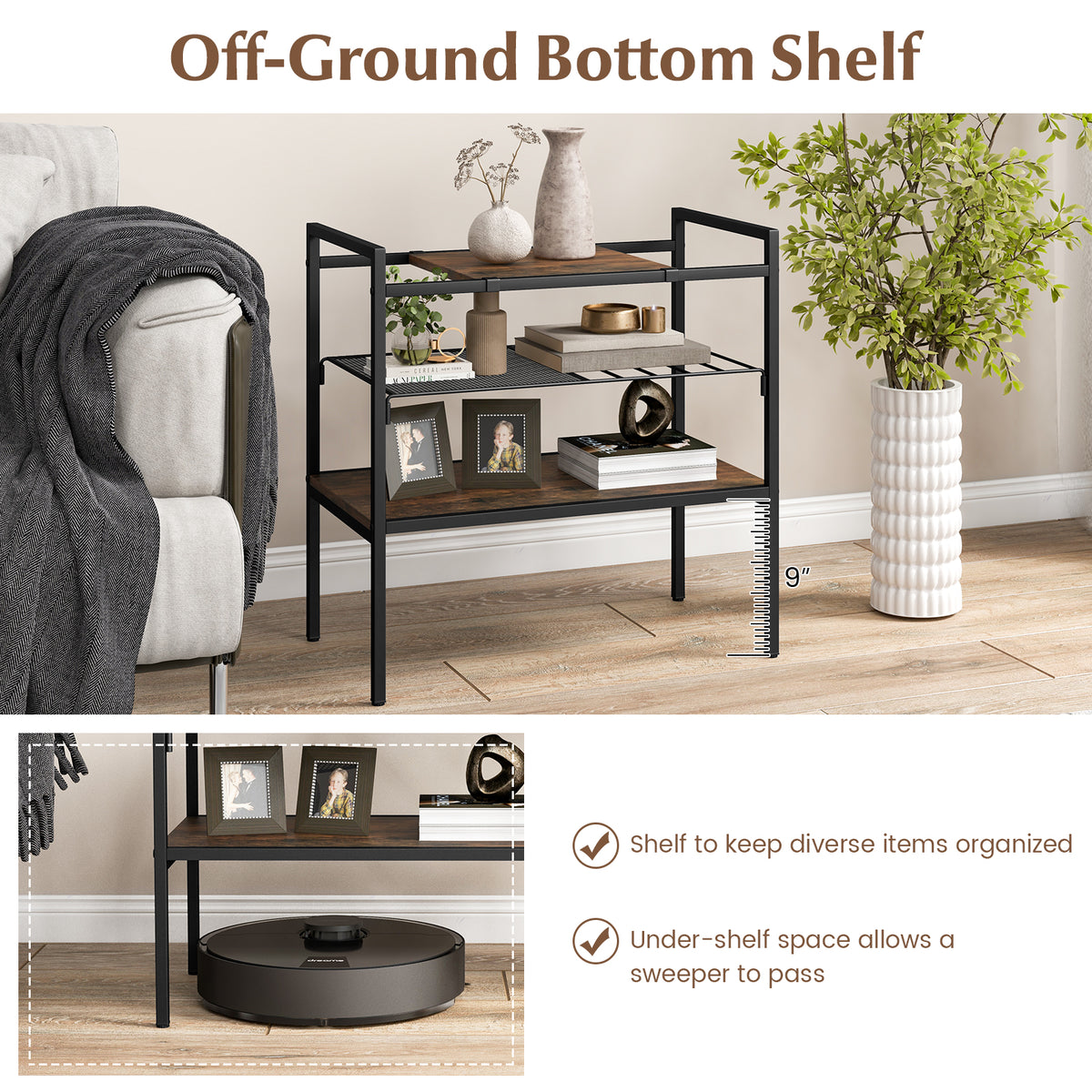 3-Tier Industrial Entryway Table with Removable Panel, Rustic Brown