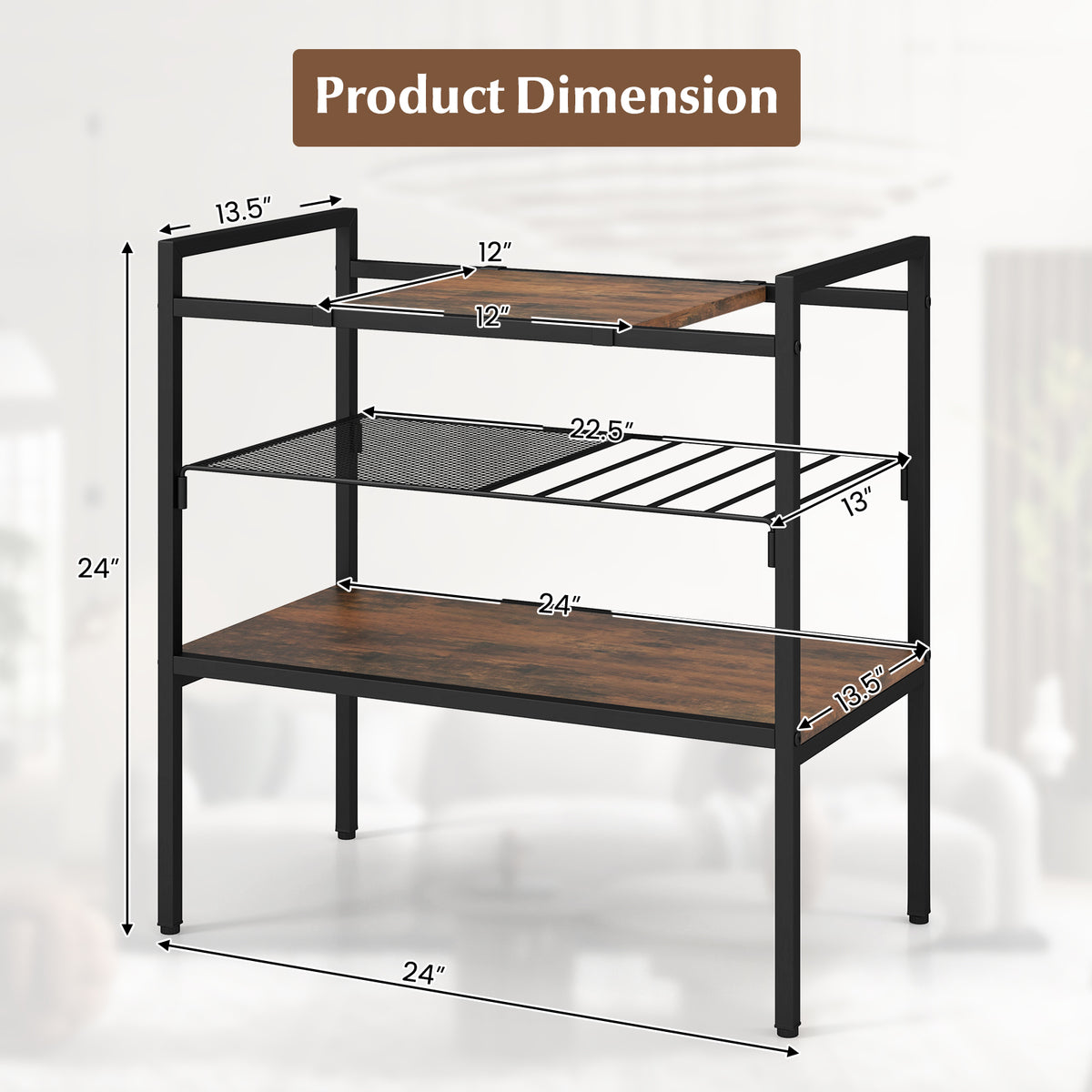 3-Tier Industrial Entryway Table with Removable Panel, Rustic Brown