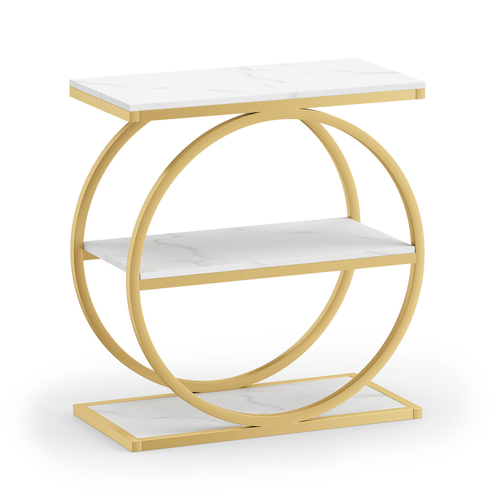 Faux Marble Side Table with Metal Frame - Rustic Brown