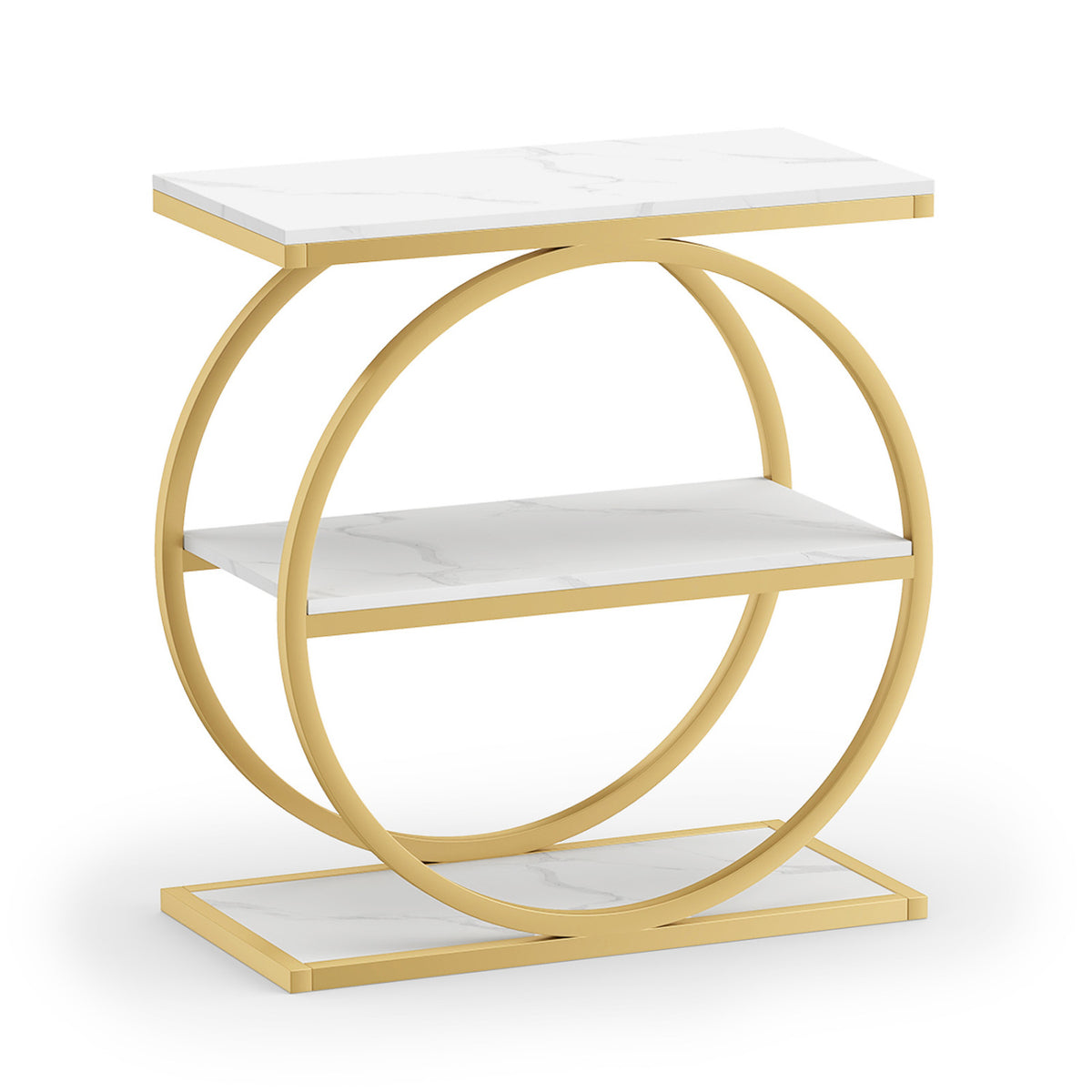 Faux Marble Side Table with Metal Frame - Rustic Brown