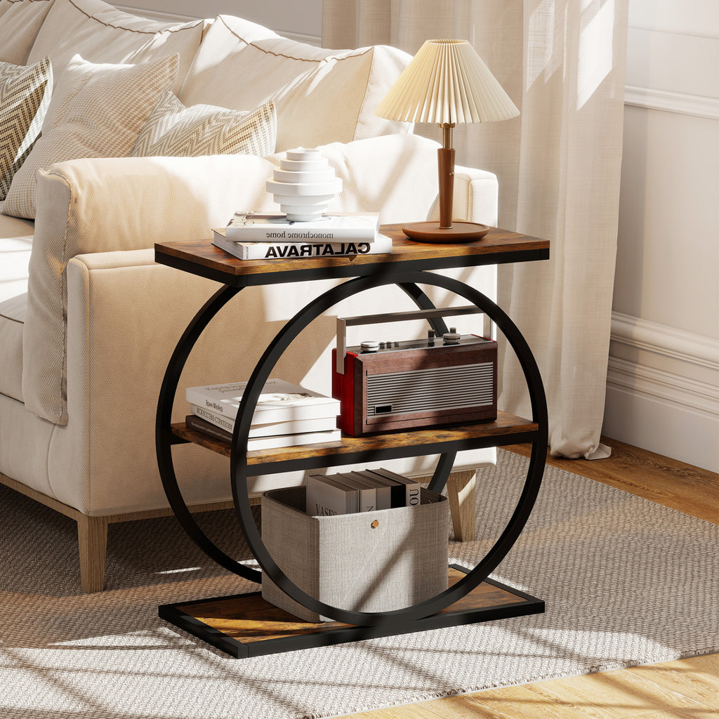 Faux Marble Side Table with Metal Frame - Rustic Brown