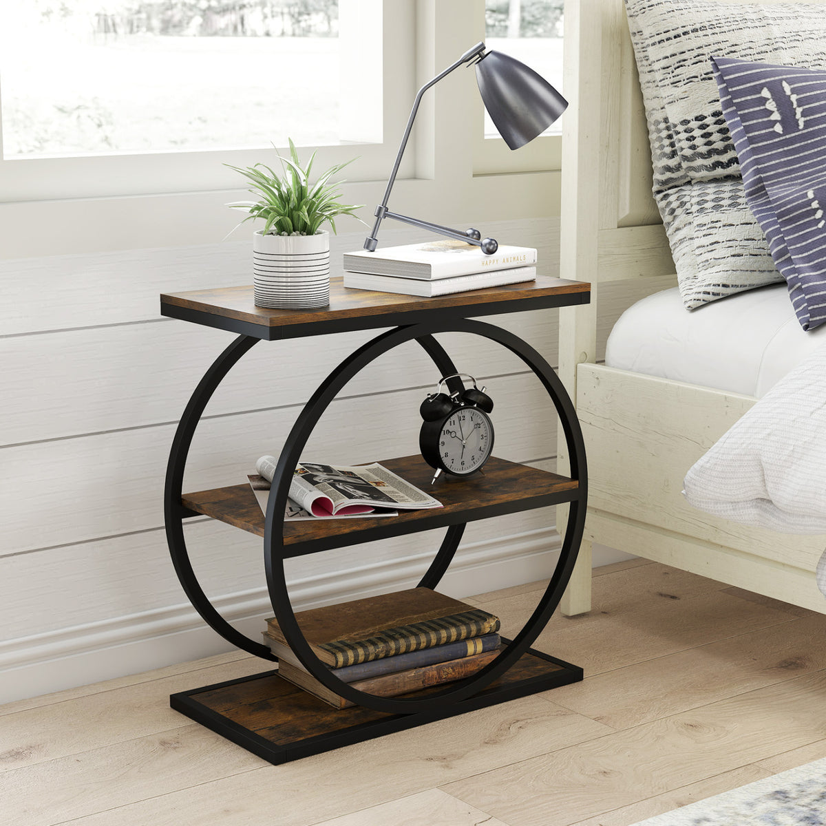 Faux Marble Side Table with Metal Frame - Rustic Brown
