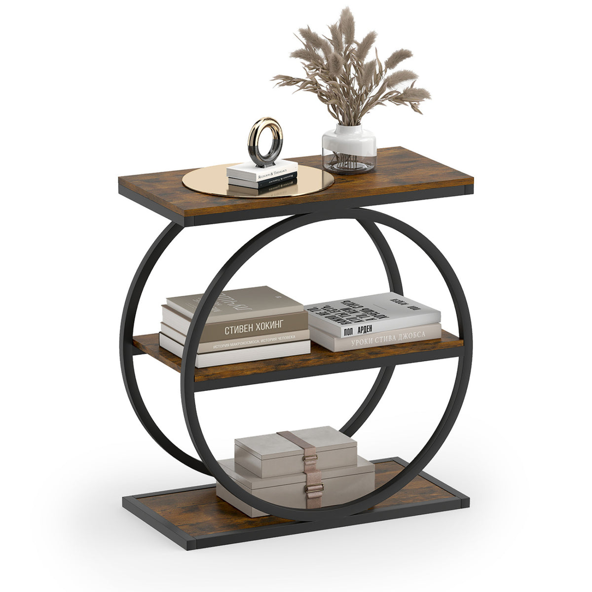 Faux Marble Side Table with Metal Frame - Rustic Brown