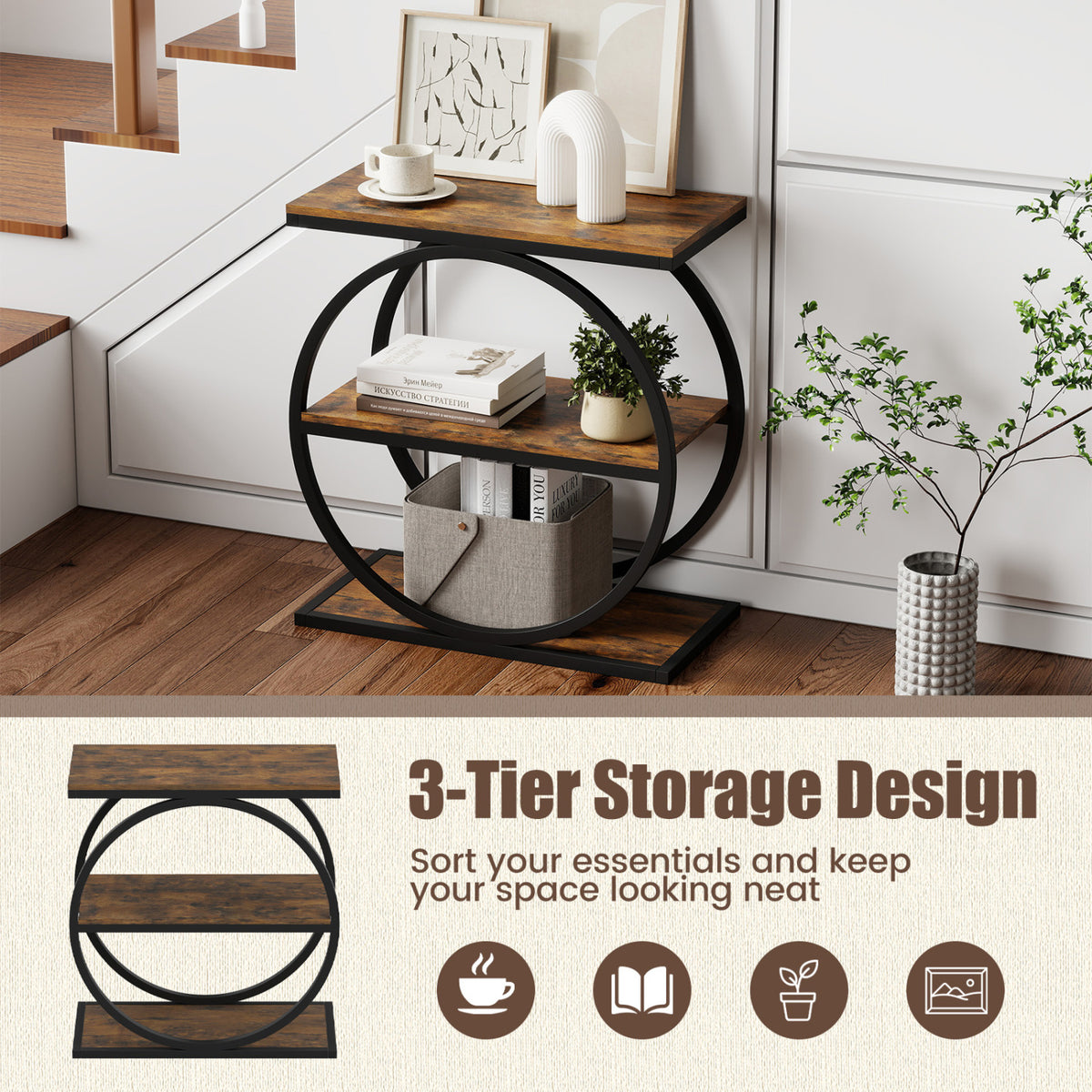 Faux Marble Side Table with Metal Frame – Rustic Brown