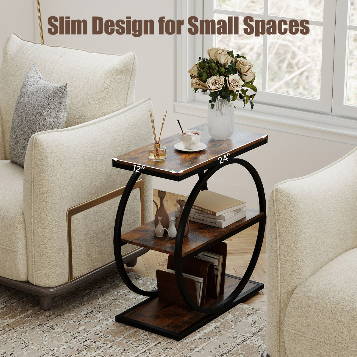 Faux Marble Side Table with Metal Frame - Rustic Brown