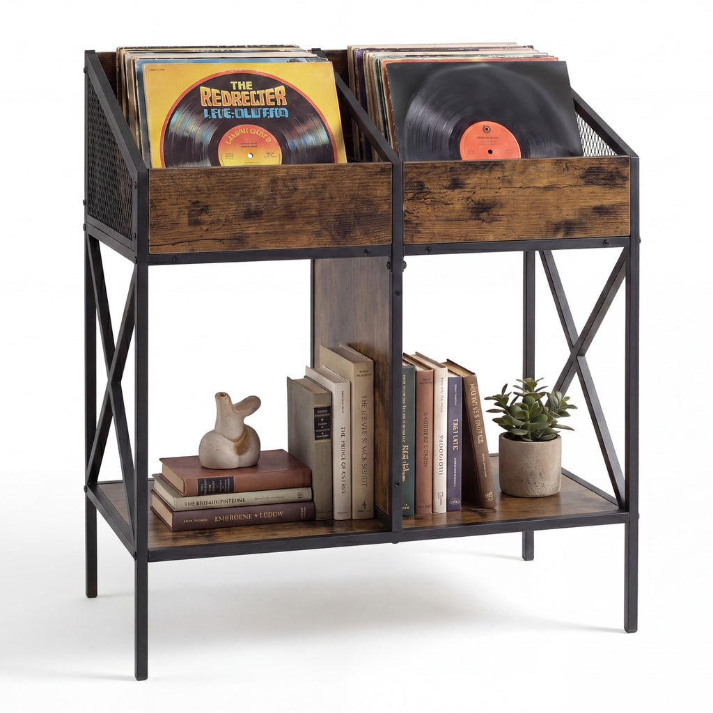 Vinyl Record Display Stand with Metal Frame - Rustic Brown