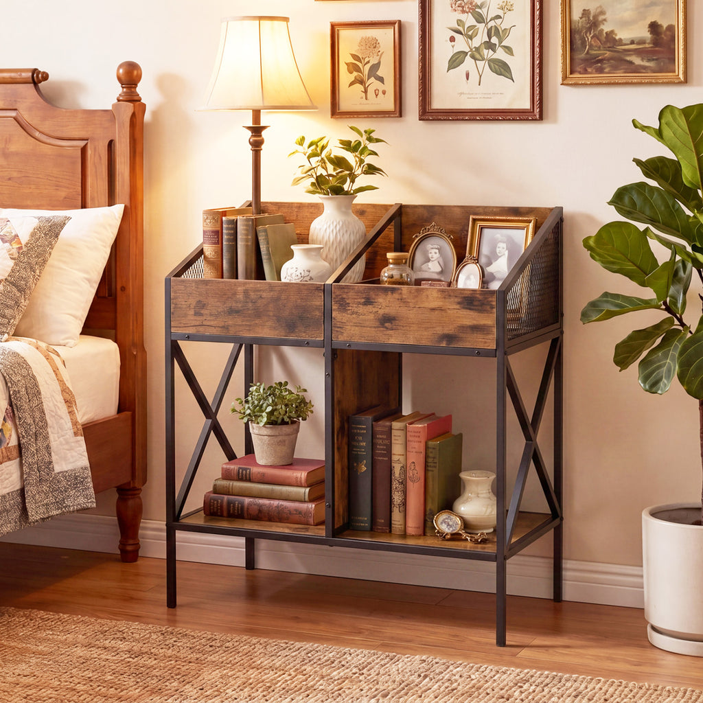 Vinyl Record Display Stand with Metal Frame - Rustic Brown