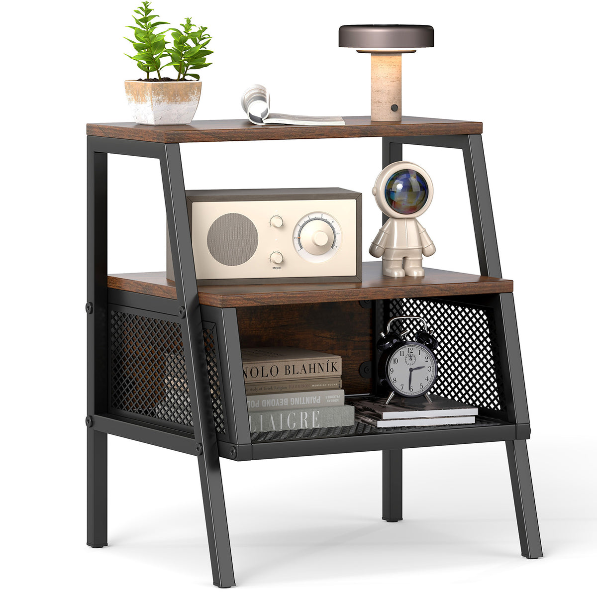 Industrial 3-Tier End Table with Metal Mesh Shelf, Rustic Brown