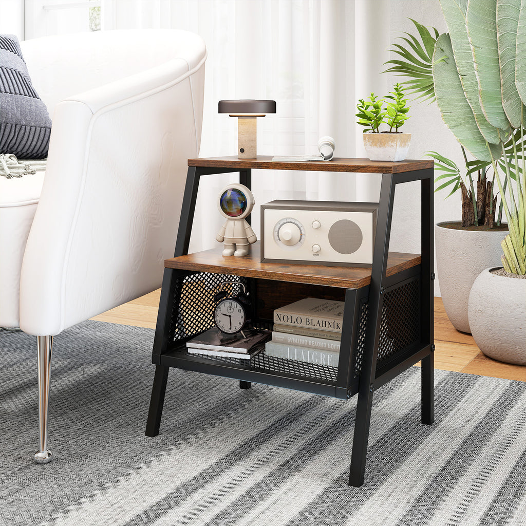 Industrial 3-Tier End Table with Metal Mesh Shelf, Rustic Brown