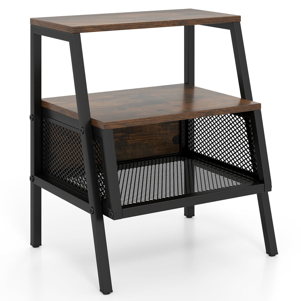 Industrial 3-Tier End Table with Metal Mesh Shelf, Rustic Brown