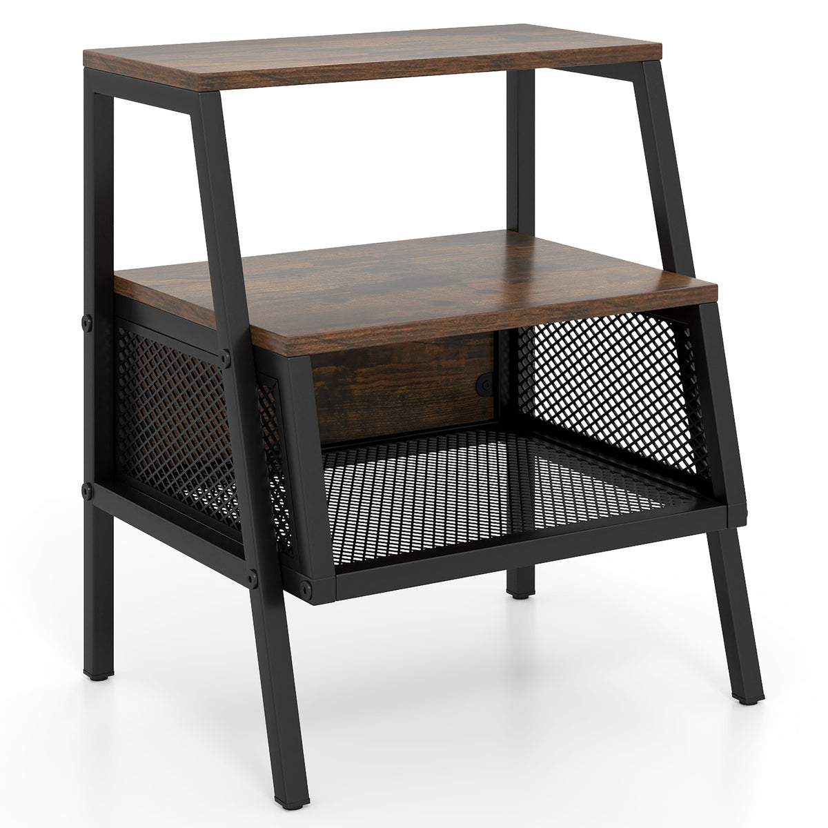 Industrial 3-Tier End Table with Metal Mesh Shelf, Rustic Brown