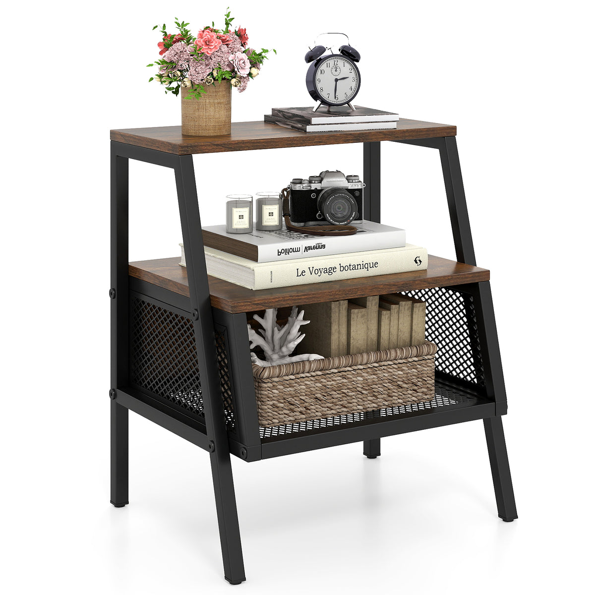 Industrial 3-Tier End Table with Metal Mesh Shelf, Rustic Brown