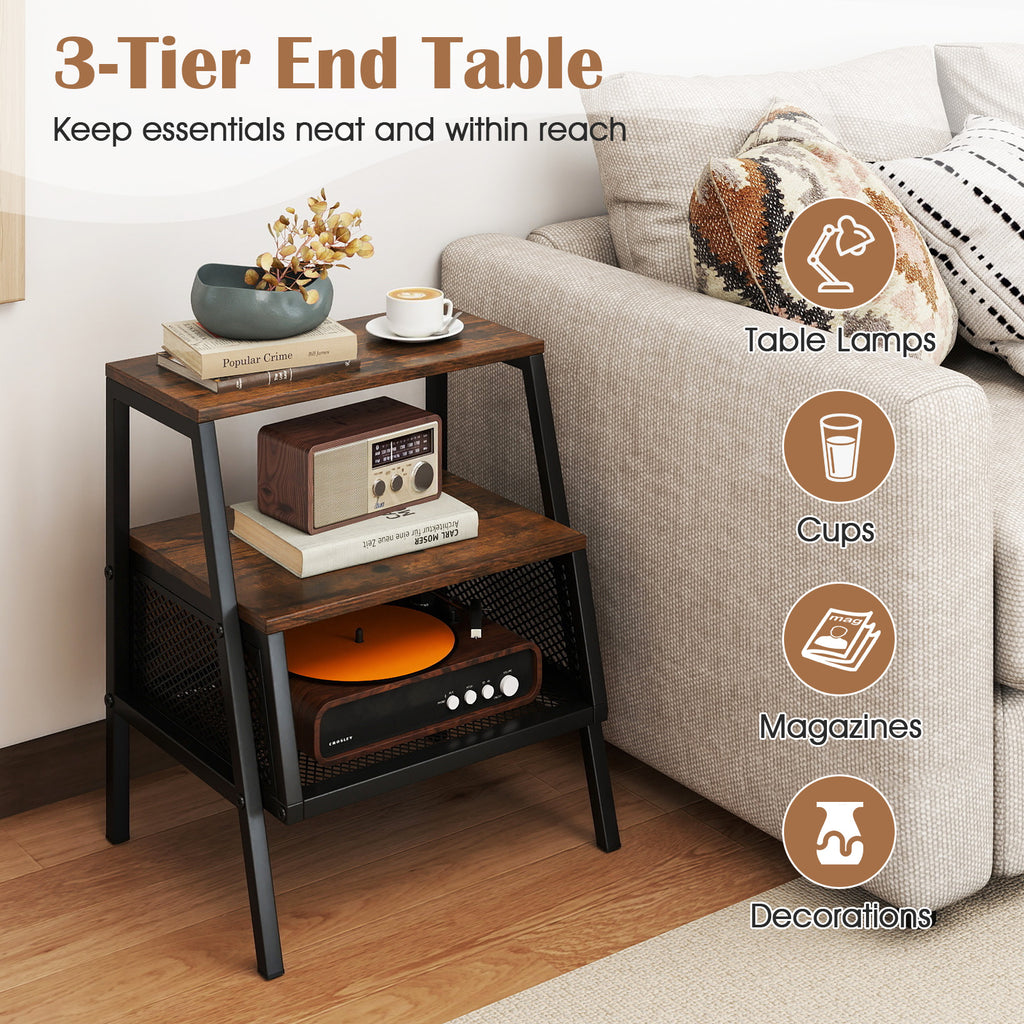 Industrial 3-Tier End Table with Metal Mesh Shelf, Rustic Brown