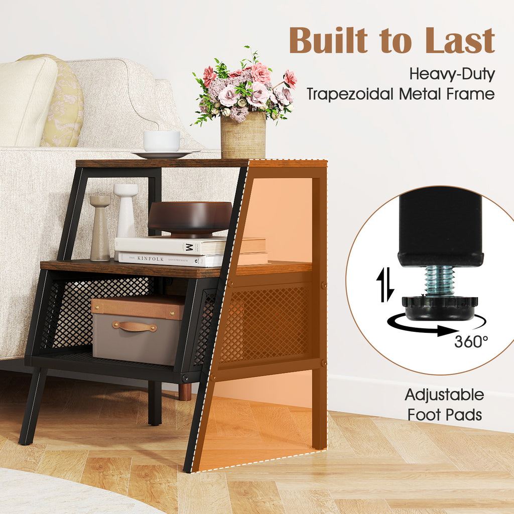 Industrial 3-Tier End Table with Metal Mesh Shelf, Rustic Brown