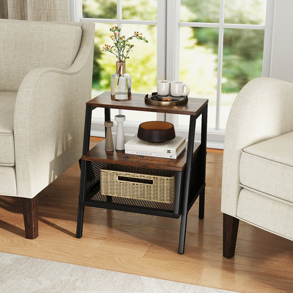 Industrial 3-Tier End Table with Metal Mesh Shelf, Rustic Brown