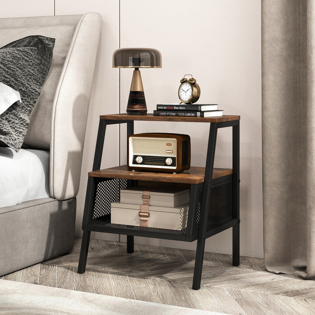 Industrial 3-Tier End Table with Metal Mesh Shelf, Rustic Brown