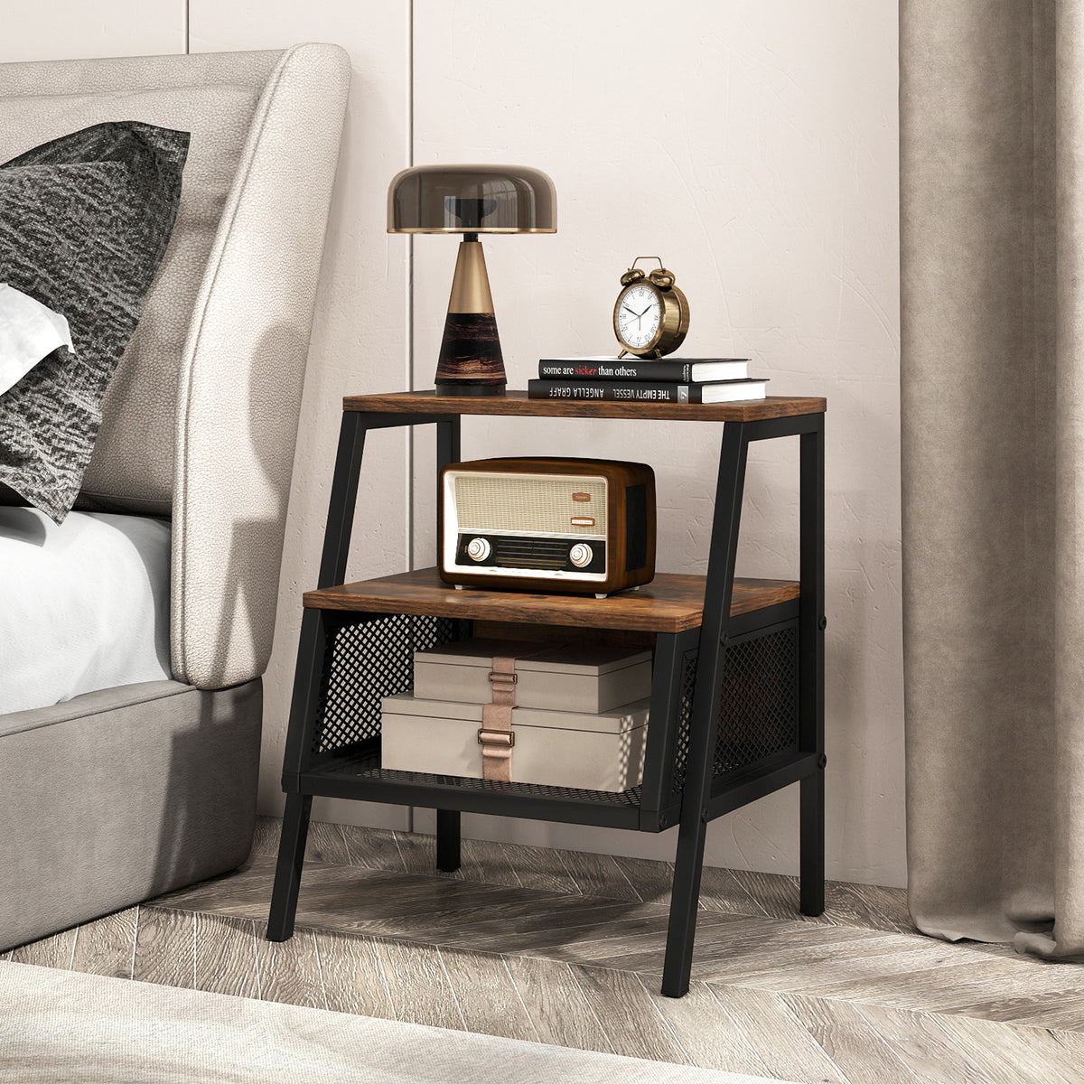 Industrial 3-Tier End Table with Metal Mesh Shelf, Rustic Brown