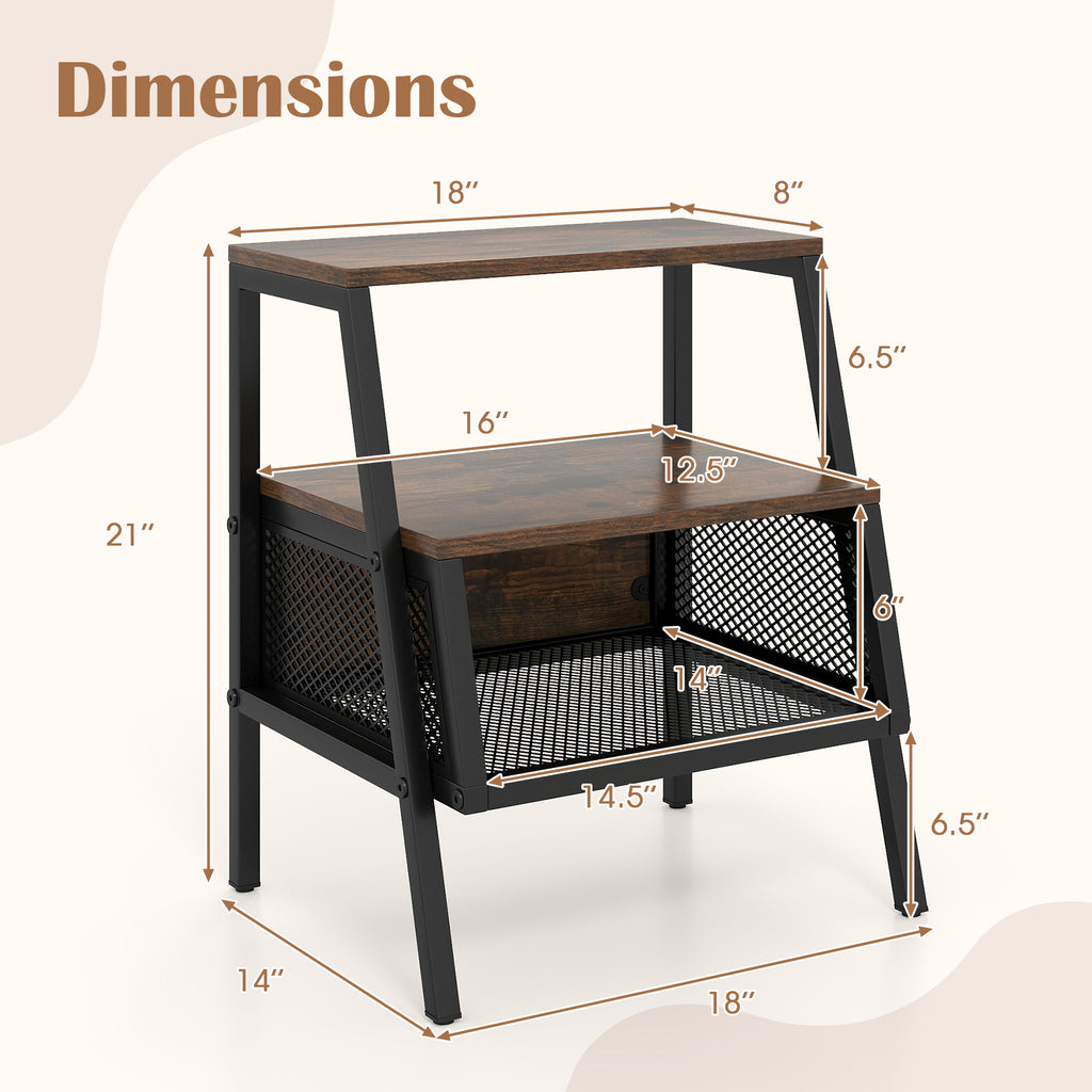 Industrial 3-Tier End Table with Metal Mesh Shelf, Rustic Brown