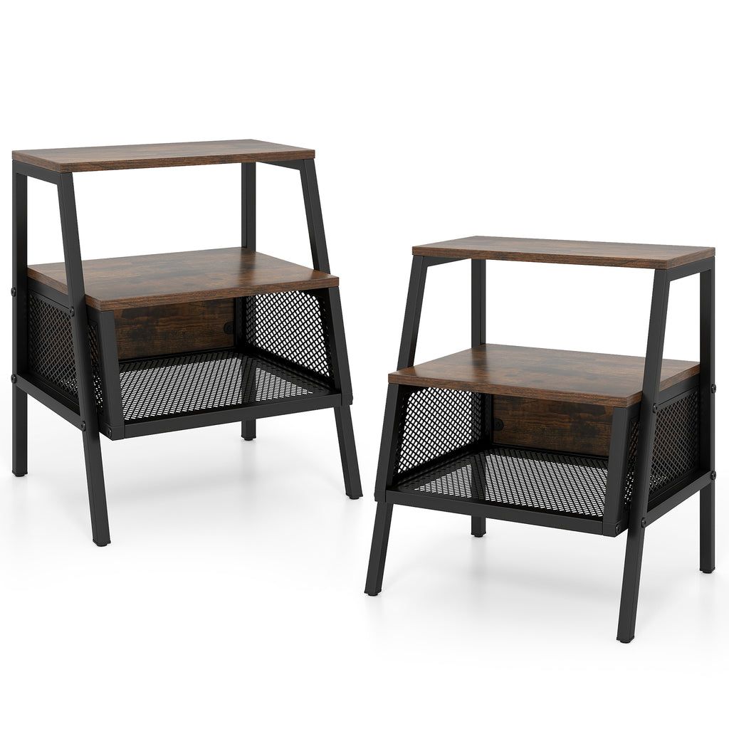 Industrial 3-Tier End Table with Metal Mesh Shelf, Rustic Brown