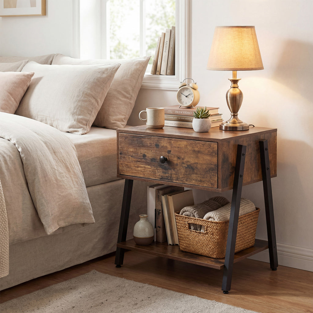 Industrial Nightstand with Drawer & Shelf – Rustic Brown