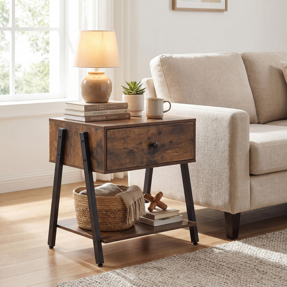 Industrial Nightstand with Drawer & Shelf – Rustic Brown