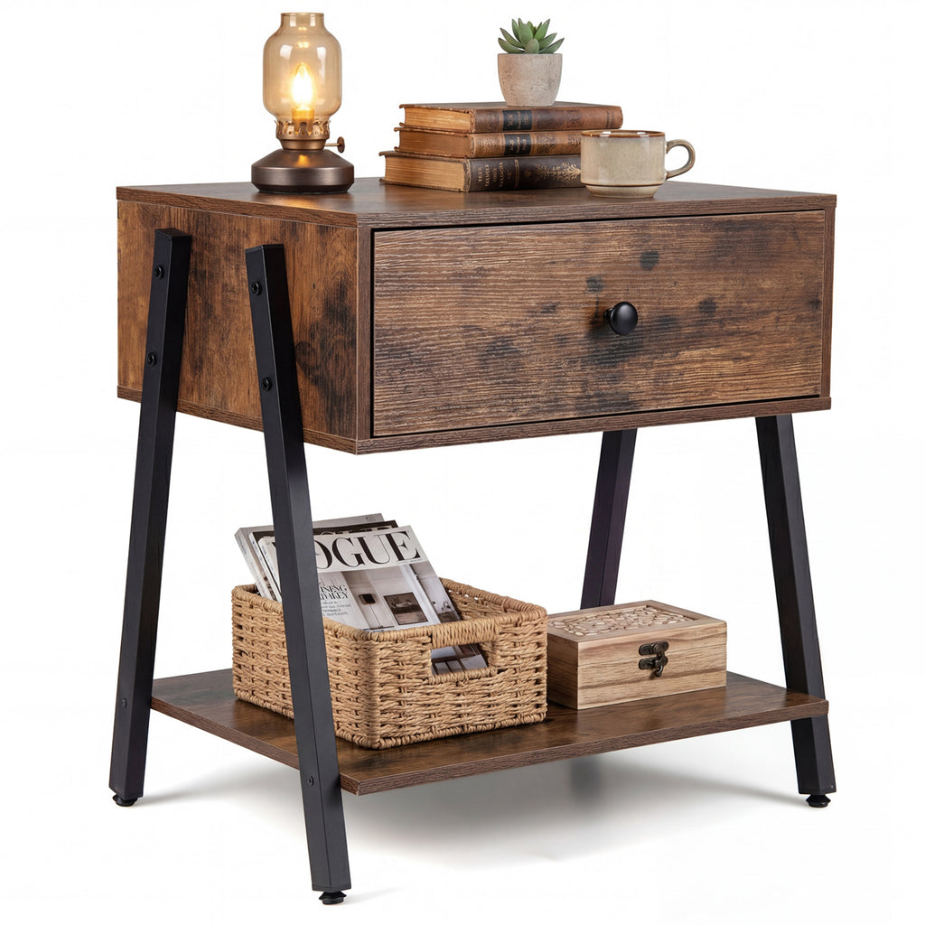 Industrial Nightstand with Drawer & Shelf – Rustic Brown