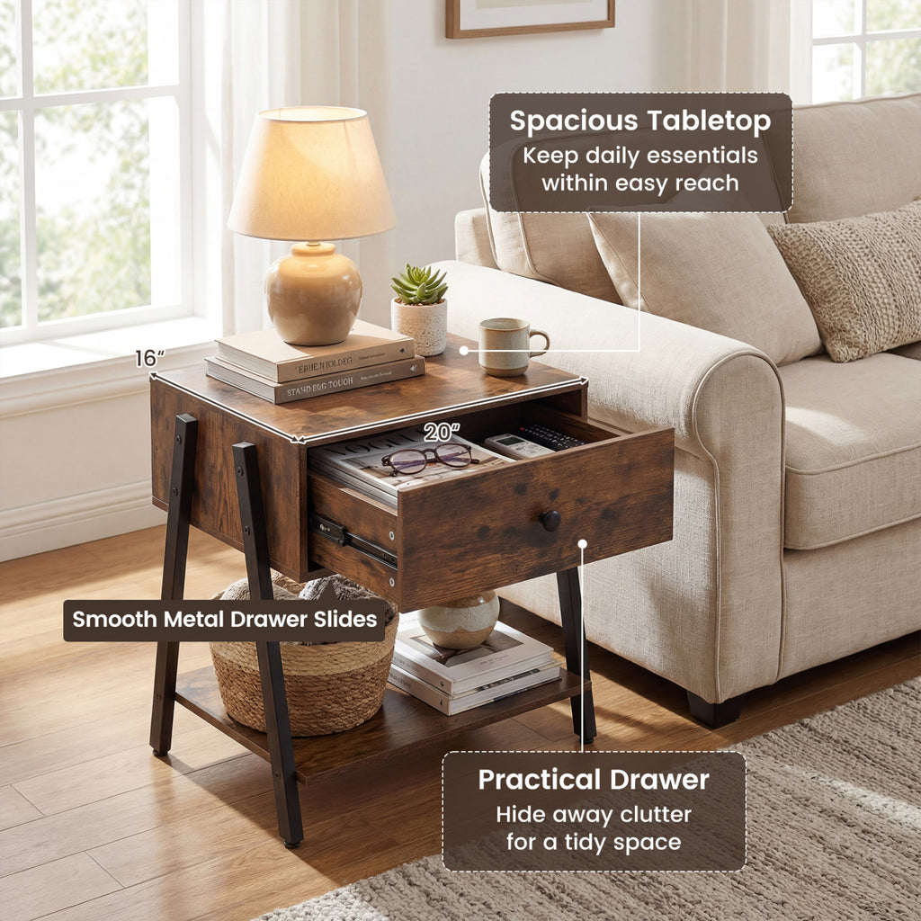 Industrial Nightstand with Drawer & Shelf – Rustic Brown