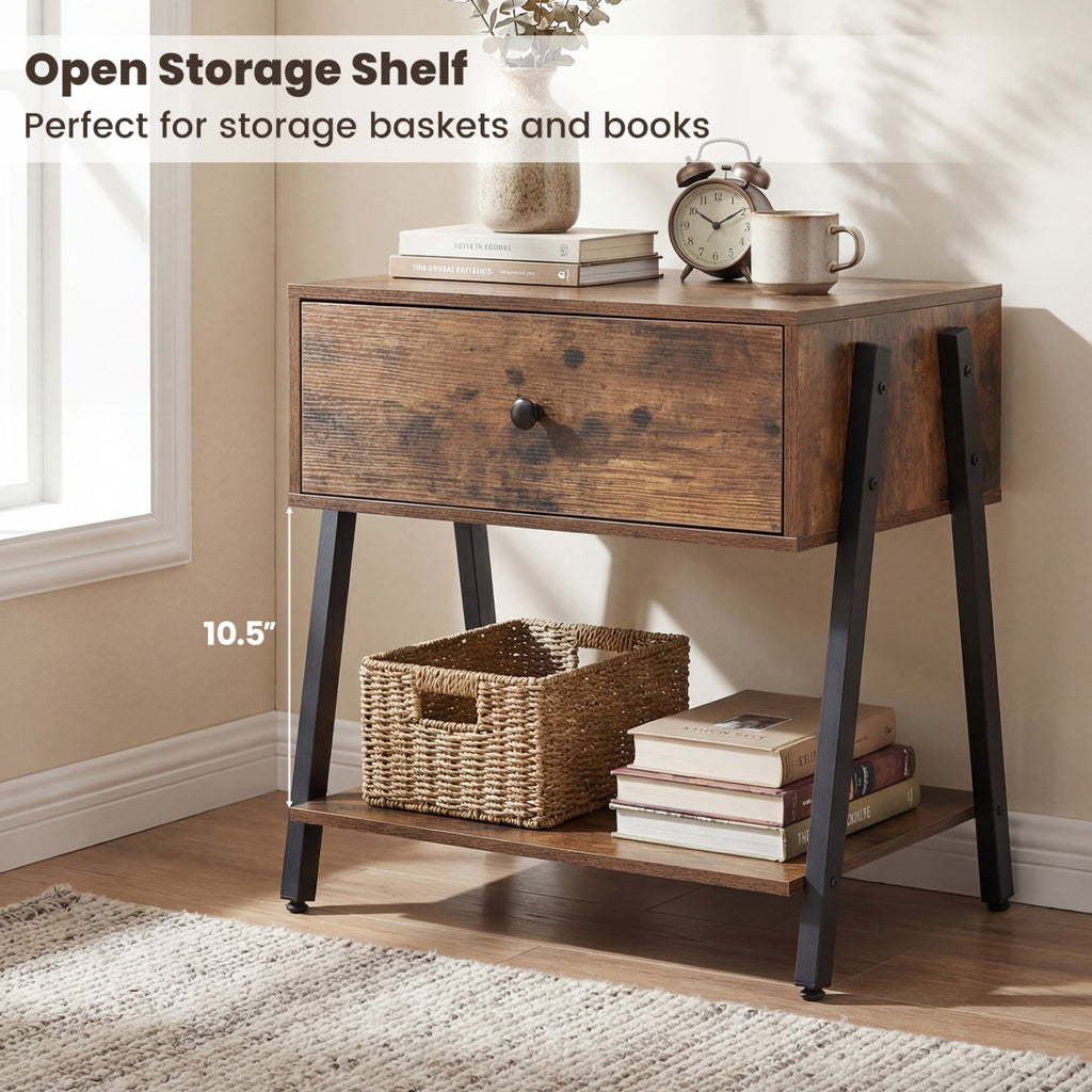 Industrial Nightstand with Drawer & Shelf – Rustic Brown