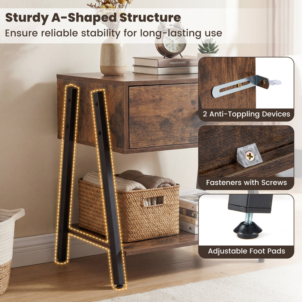 Industrial Nightstand with Drawer & Shelf – Rustic Brown