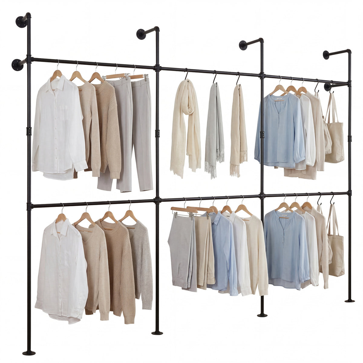 Wall Mounted Pipe Clothing Rack, 6 Rods - Black