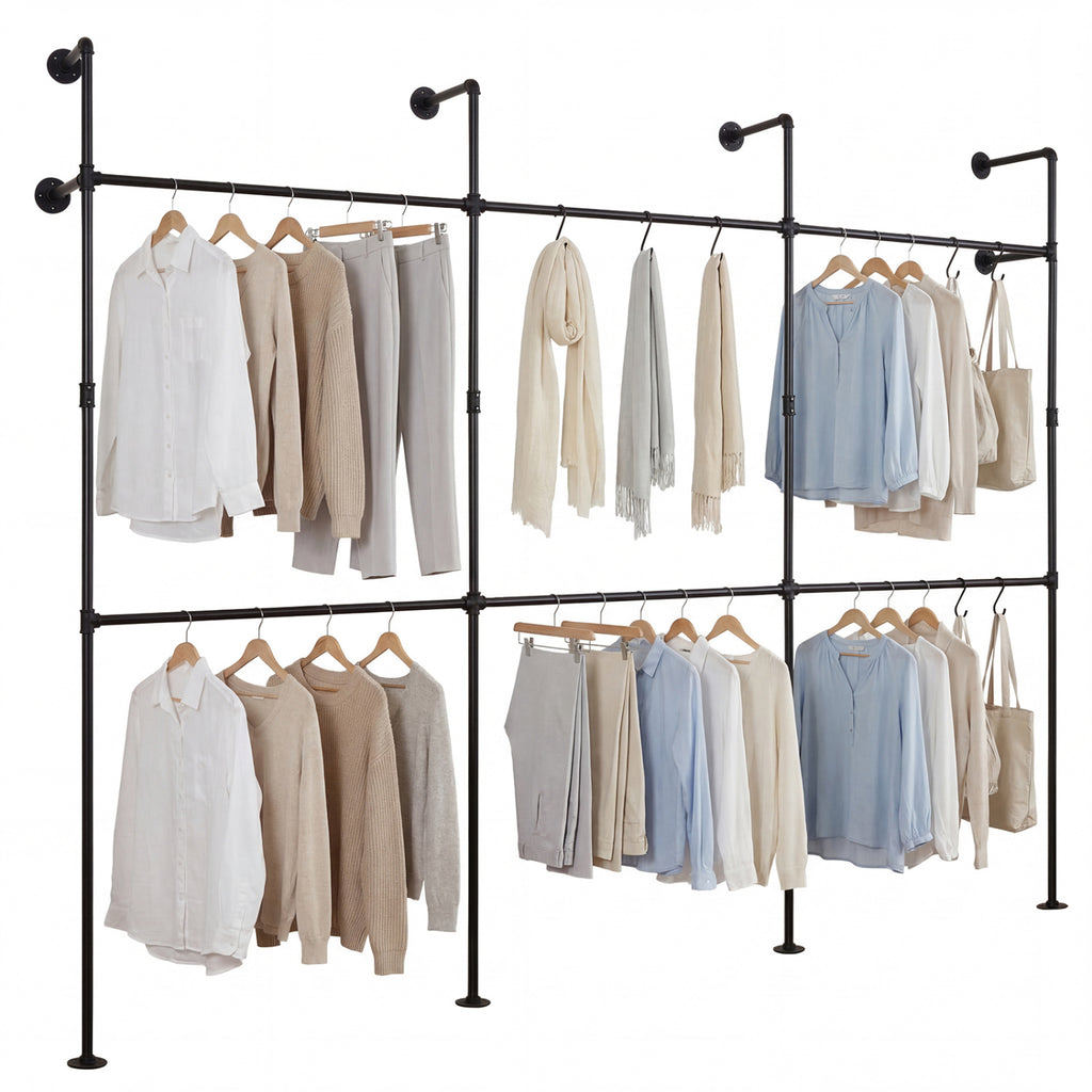 Wall Mounted Clothing Rack with 4 Hanging Rods - Black
