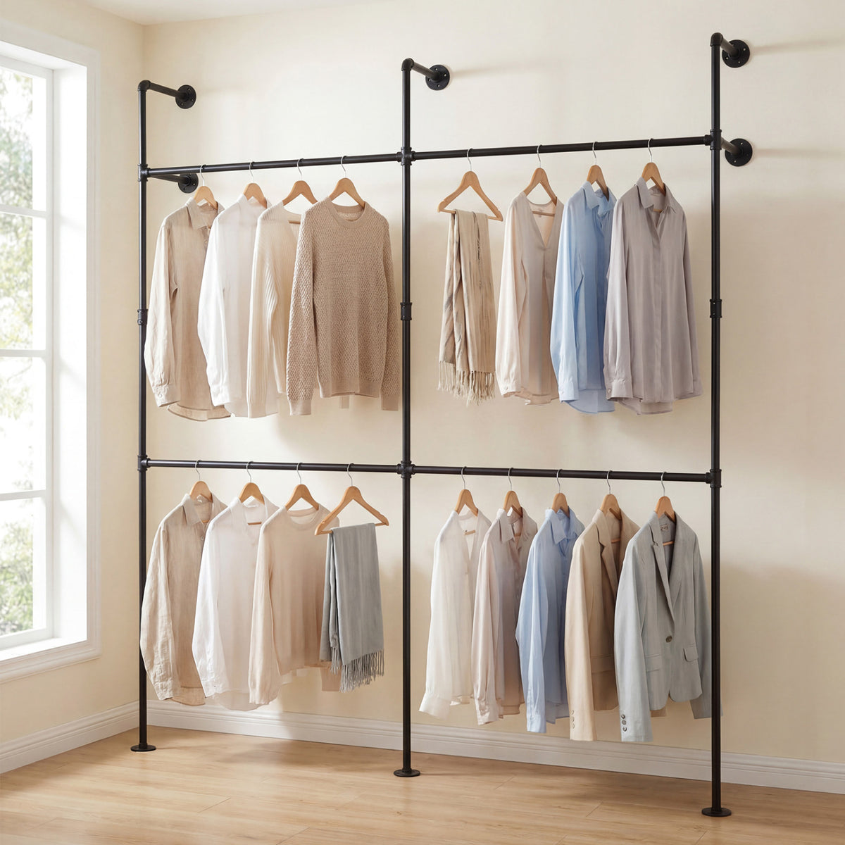 Wall Mounted Clothing Rack with 4 Hanging Rods - Black