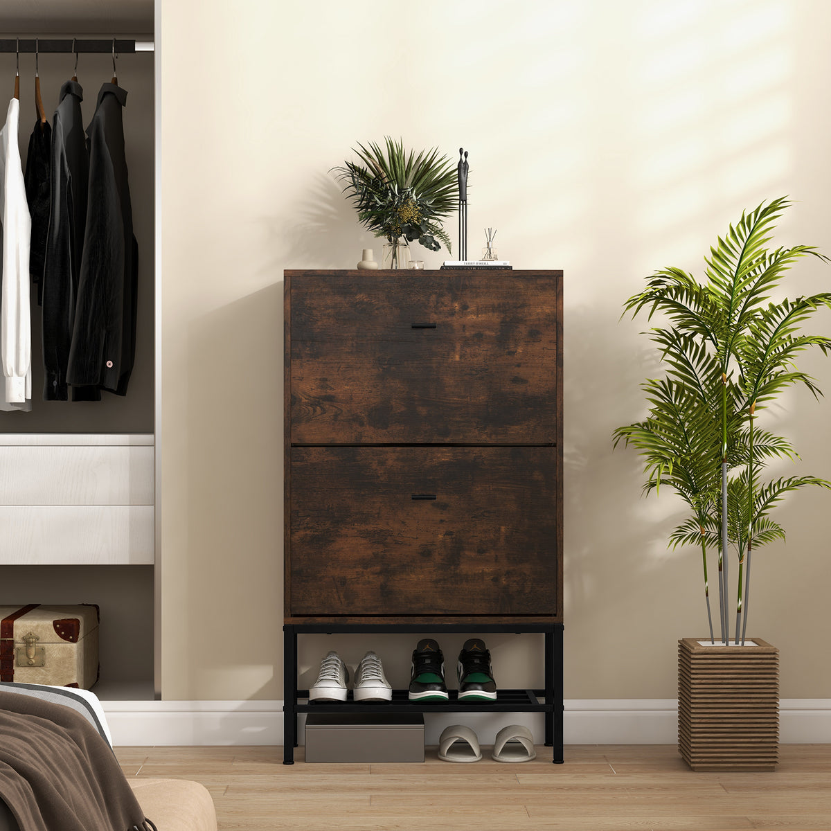 Industrial Shoe Storage Cabinet with 2 Flip Drawers and 1 Bottom
