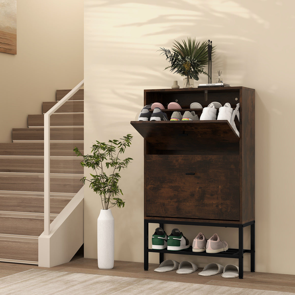 Industrial Shoe Storage Cabinet with 2 Flip Drawers and 1 Bottom
