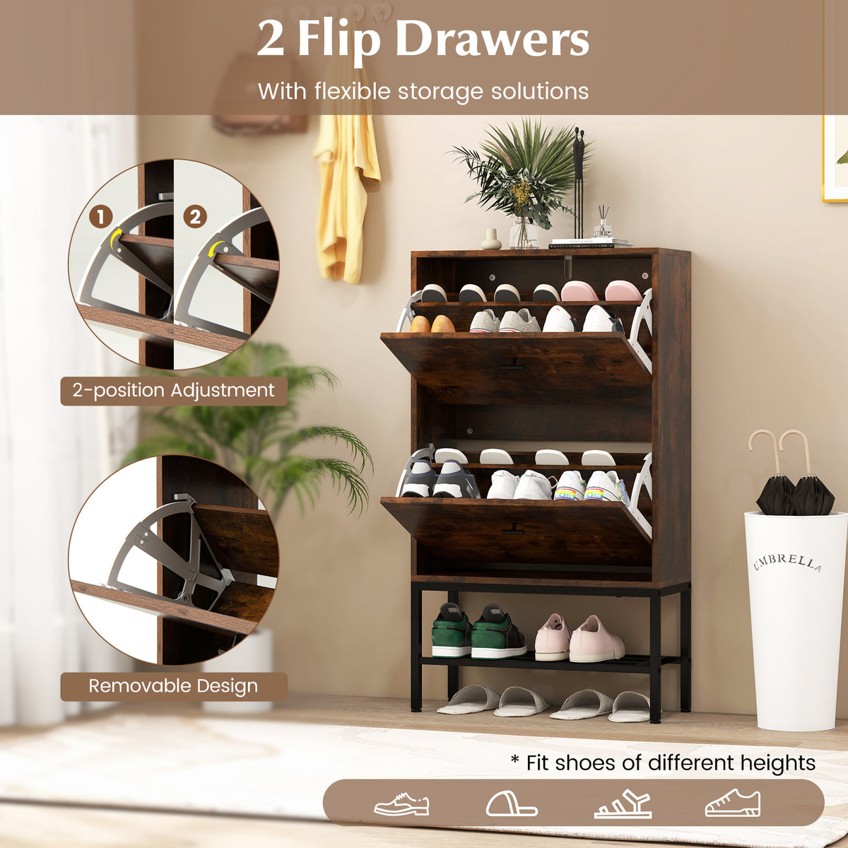 Industrial Shoe Storage Cabinet with 2 Flip Drawers and 1 Bottom