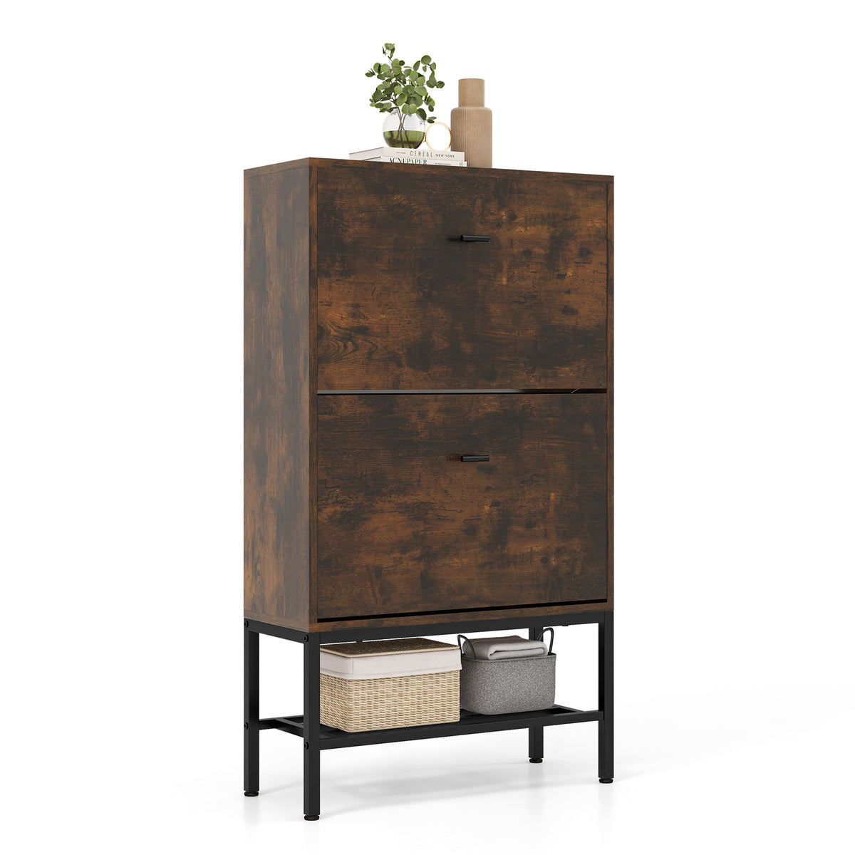 Industrial Shoe Storage Cabinet with 2 Flip Drawers and 1 Bottom