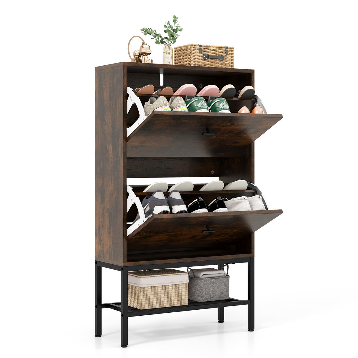 Industrial Shoe Storage Cabinet with 2 Flip Drawers and 1 Bottom