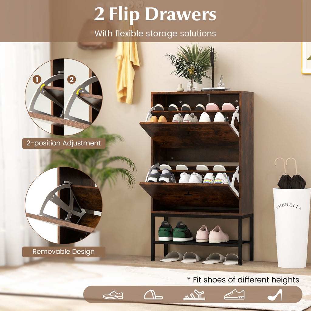 Industrial Shoe Storage Cabinet with 2 Flip Drawers and 1 Bottom